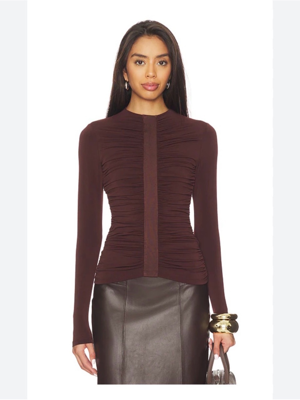 Herve Leger Chocolate Brown Ruched Long-Sleeve Top